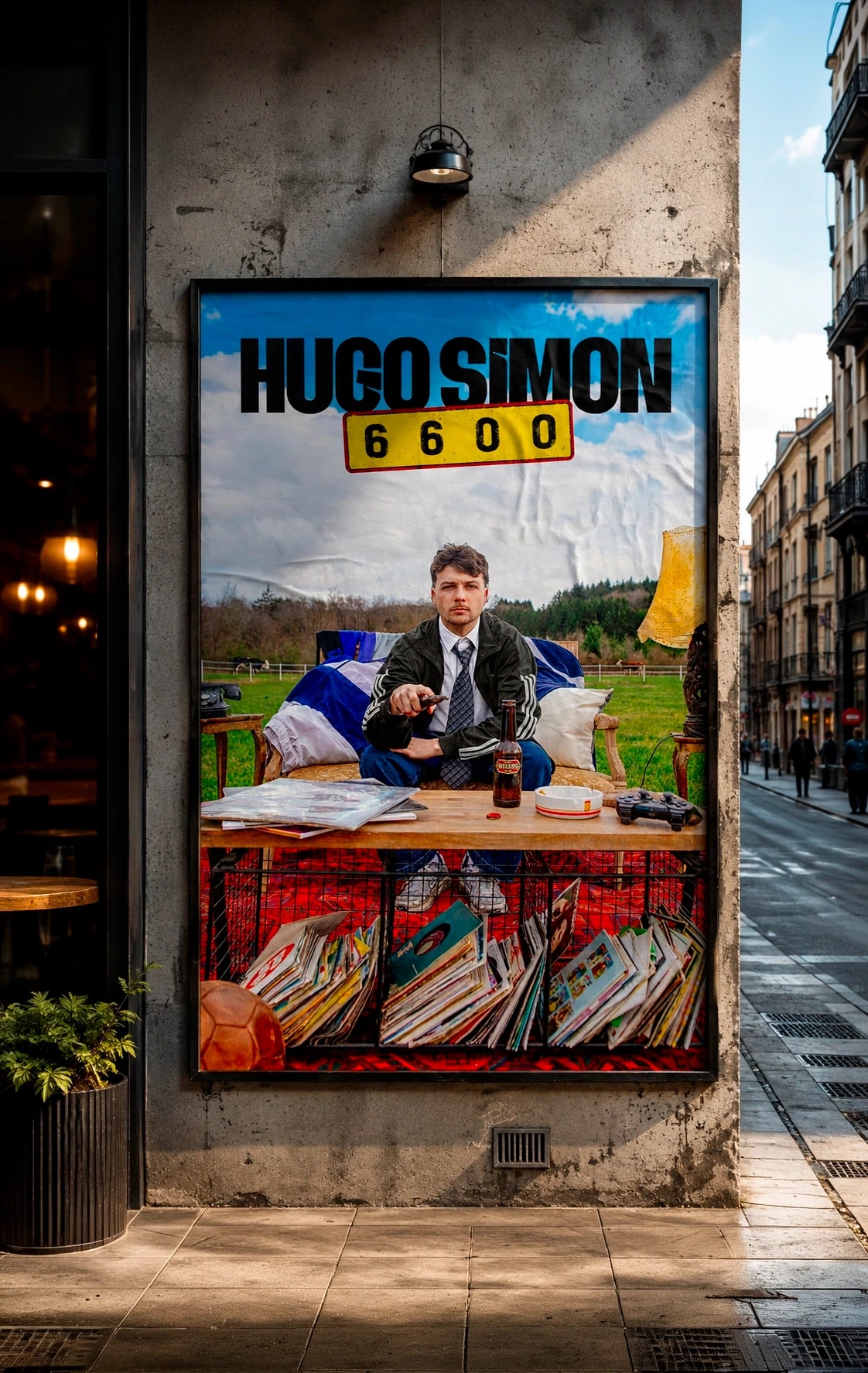 Affiche du spectacle Hugo Simon 6600 sur un panneau, en pleine rue